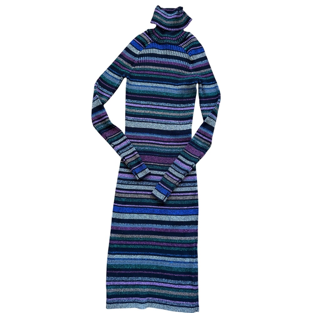 Milly Metallic Striped Ribbed Knit Turtleneck Midi Dress‎ Stretch